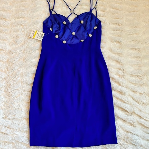 Vintage NITELINE Della Rougogali Sapphire Rhinestone Strap Open Back Mid Dress 4 - Picture 1 of 12
